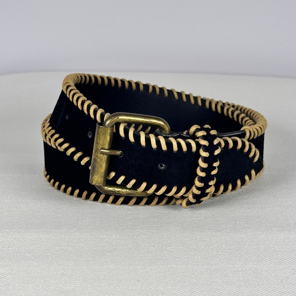 Whipstitch 90s Black Leather Belt Textural Vintage Suede Brass Hardware L - Picture 1 of 7